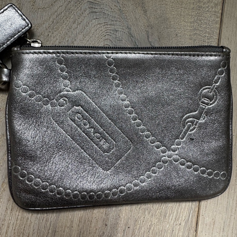 Coach Gunmetal Grey/Silver Wristlet with Embossed Tag